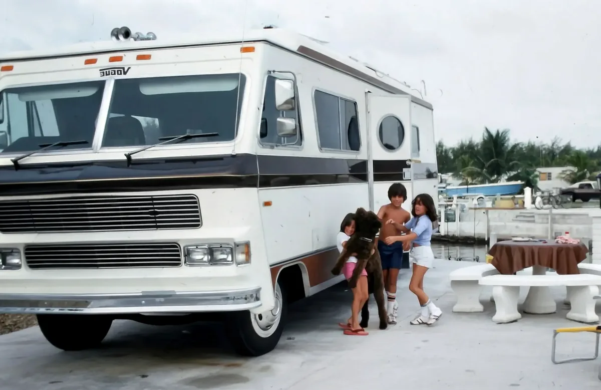 The DiLella family Vogue motorhome from the front — the vehicle that carried the family from Philadelphia to Naples, Florida in 1977.